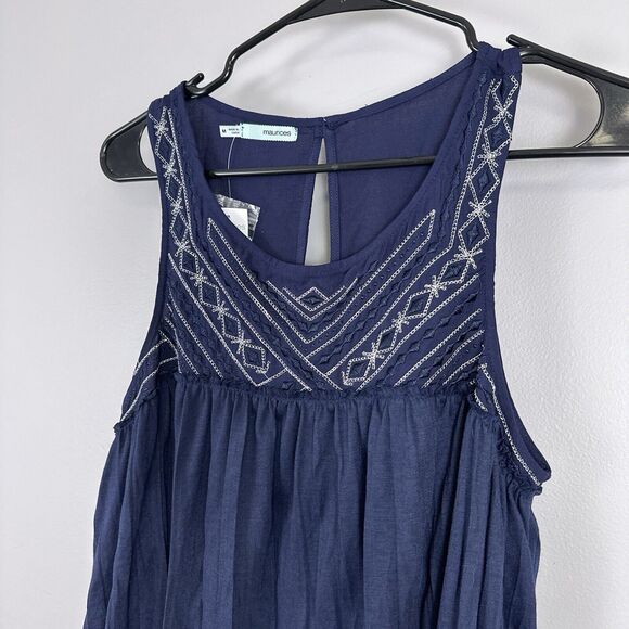 New Maurices Tank Top Size Medium Navy Blue Embroidered Swing Shirt Blouse - Picture 2 of 5
